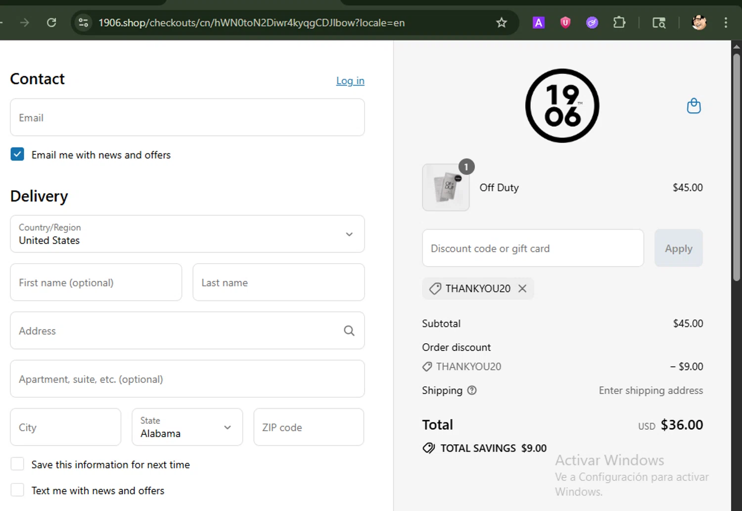 1906 discount code screenshot showing code THANKYOU20 applied at 1906 checkout page. Uploaded by SimplyCodes community member ShrewdBoss4152 on Jul 22, 2025