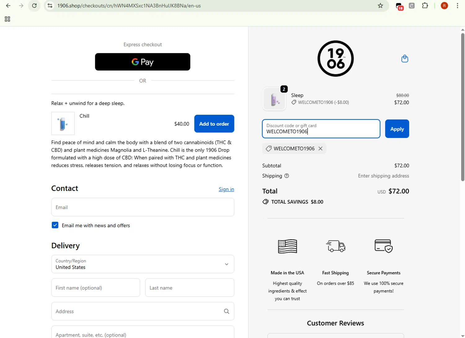 1906 discount code screenshot showing code WELCOMETO1906 applied at 1906 checkout page. Uploaded by SimplyCodes community member BrilliantRanger8168 on Oct 21, 2025