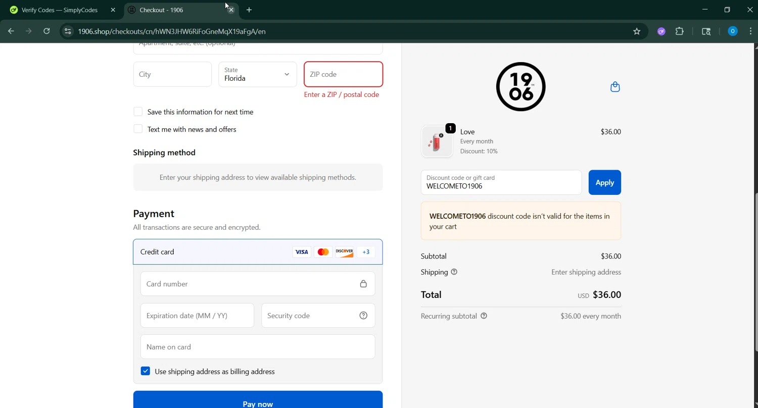 1906 discount code screenshot showing code WELCOMETO1906 applied at 1906 checkout page. Uploaded by SimplyCodes community member GoldChaser6627 on Sep 23, 2025