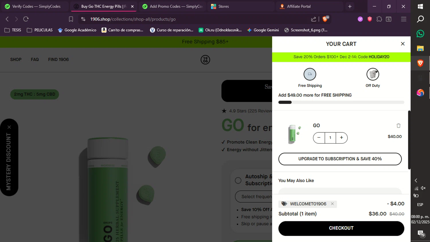 1906 discount code screenshot showing code WELCOMETO1906 applied at 1906 checkout page. Uploaded by SimplyCodes community member xXdevoragoticas69Xx on Dec 3, 2025