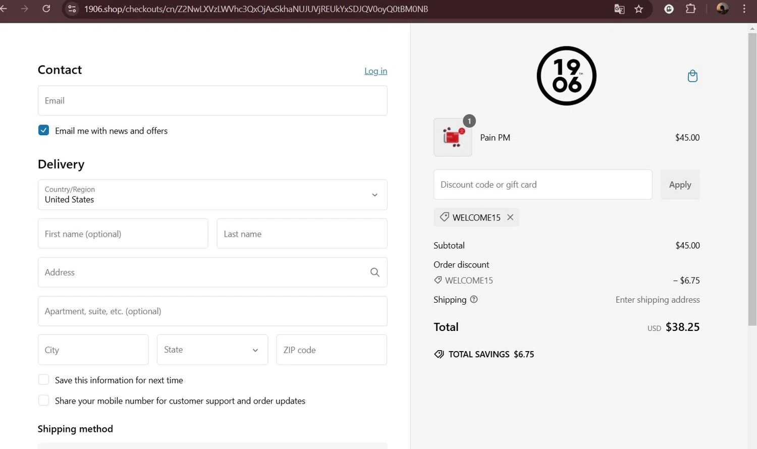 1906 discount code screenshot showing code WELCOME15 applied at 1906 checkout page. Uploaded by SimplyCodes community member Milaya on Jan 19, 2025