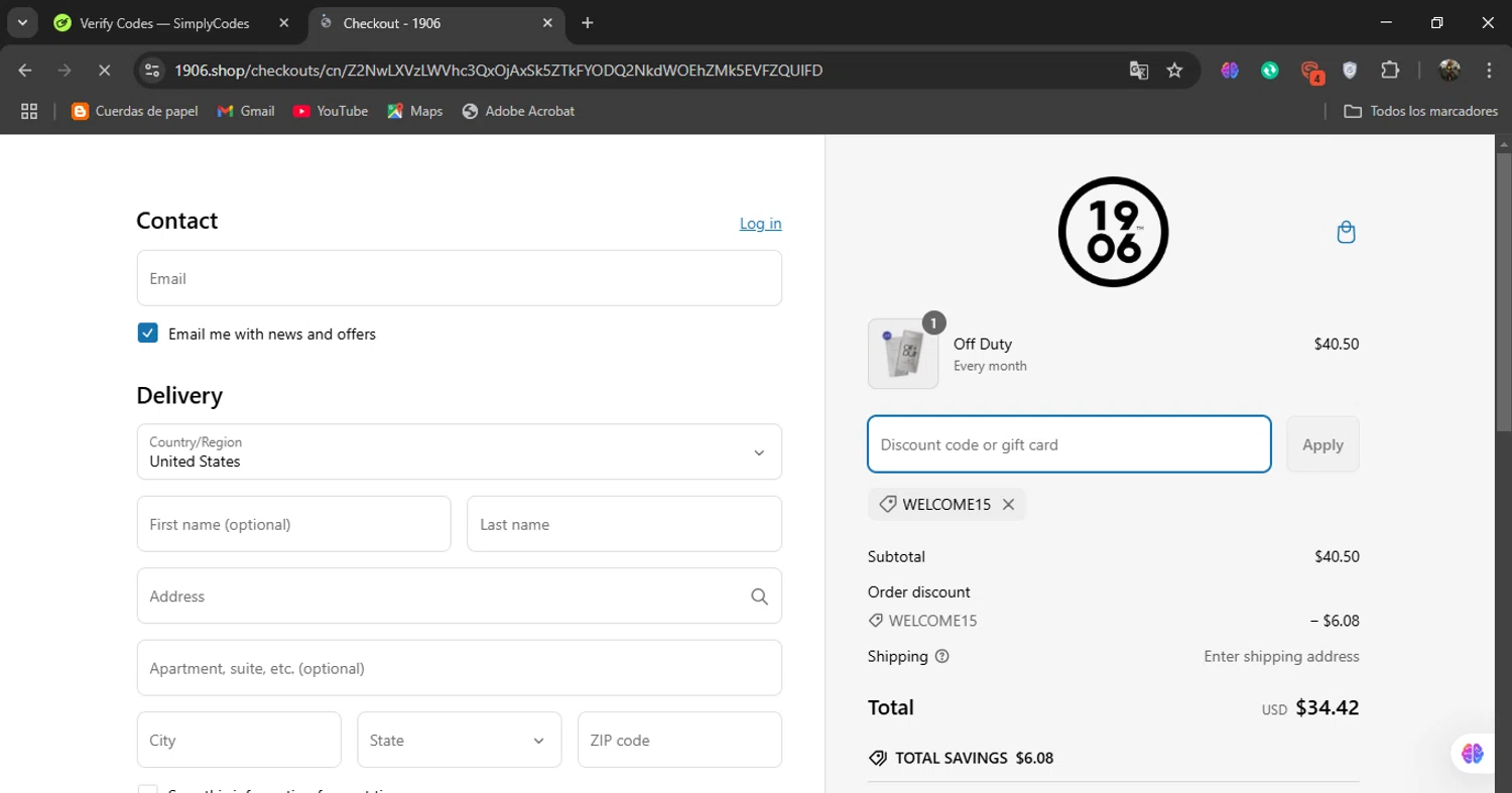 1906 discount code screenshot showing code WELCOME15 applied at 1906 checkout page. Uploaded by SimplyCodes community member naimbethak on Mar 9, 2025