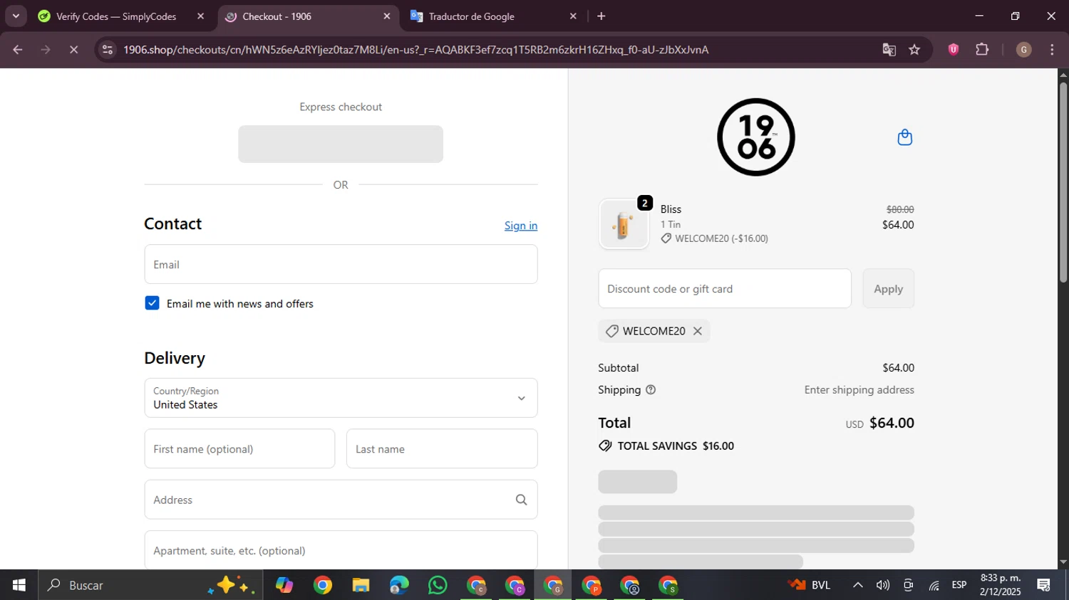 1906 discount code screenshot showing code welcome20 applied at 1906 checkout page. Uploaded by SimplyCodes community member BrilliantTracker4207 on Dec 3, 2025