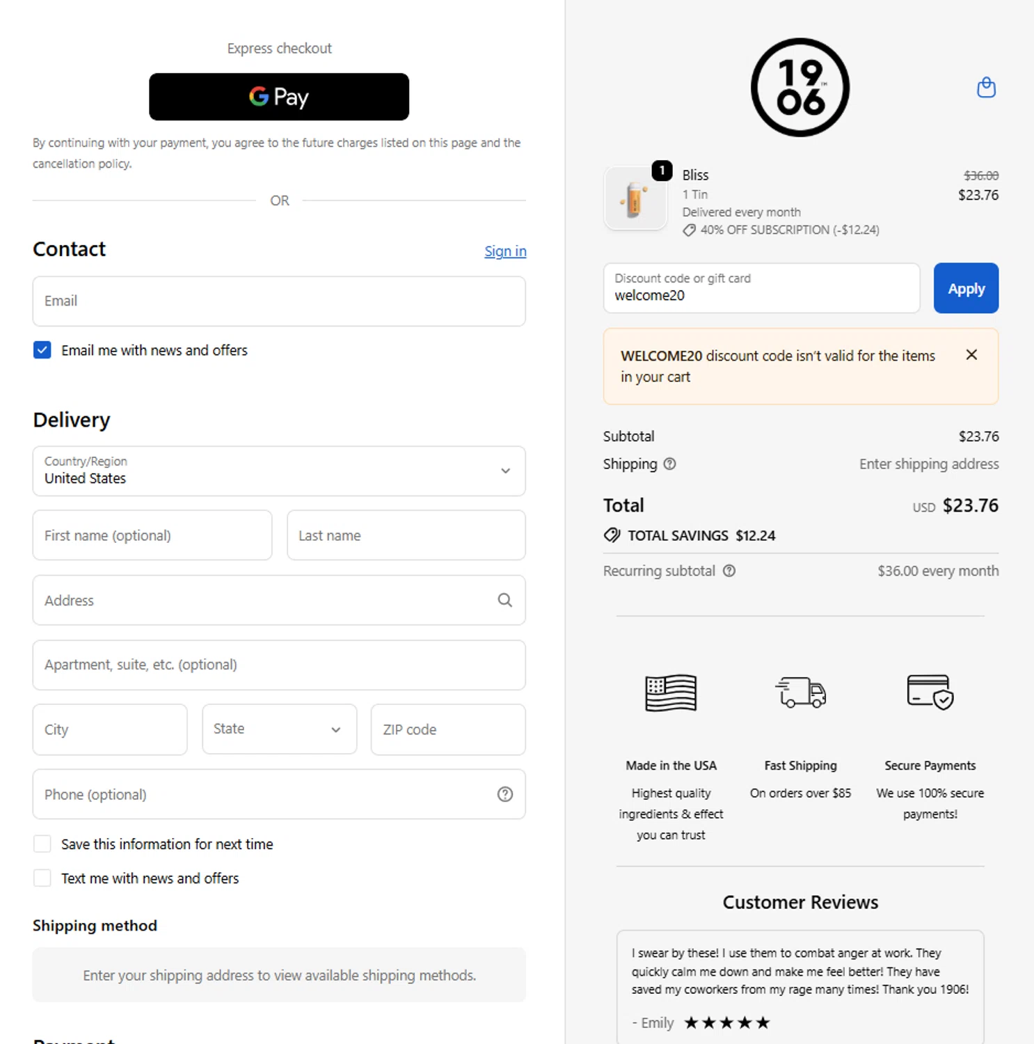 1906 discount code screenshot showing code welcome20 applied at 1906 checkout page. Uploaded by SimplyCodes community member La_Cara_Mia on Dec 3, 2025