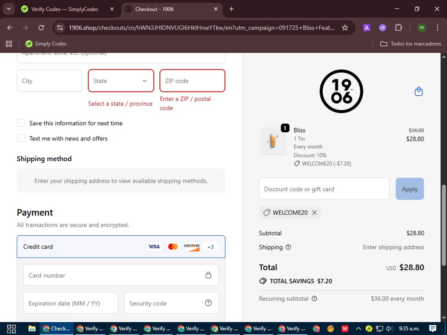 1906 discount code screenshot showing code welcome20 applied at 1906 checkout page. Uploaded by SimplyCodes community member VoucherCollector9196 on Sep 23, 2025