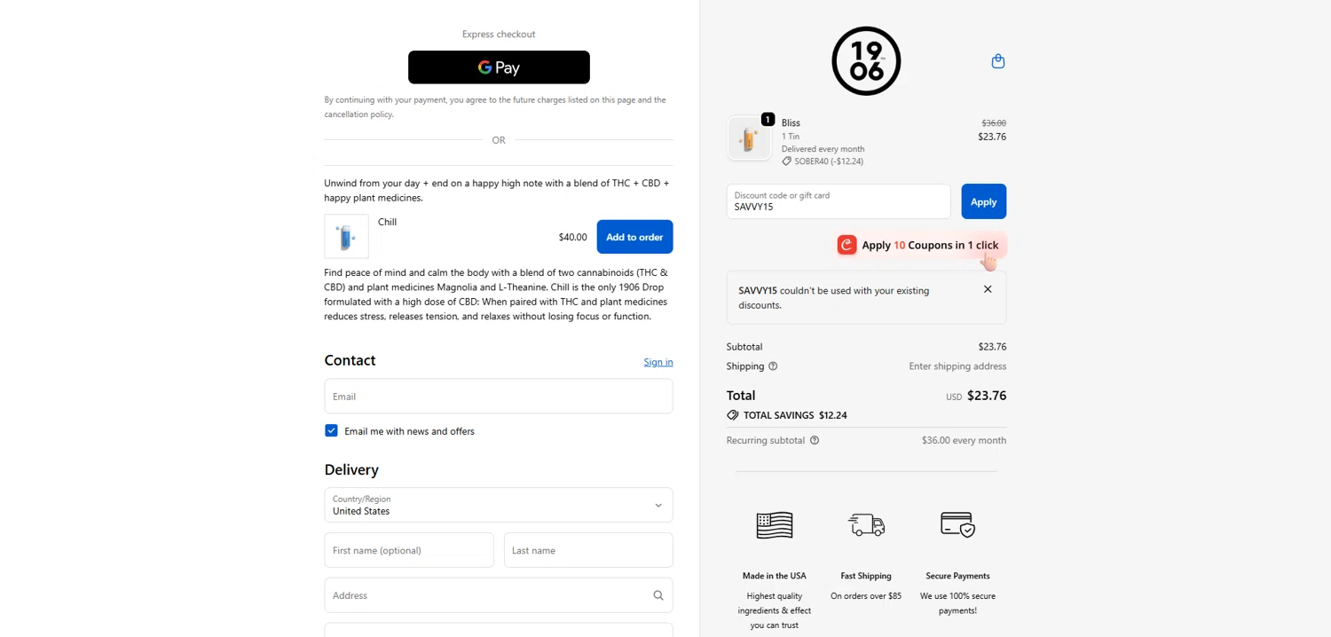 1906 discount code screenshot showing code SAVVY15 applied at 1906 checkout page. Uploaded by SimplyCodes community member Dorothy on Oct 8, 2025