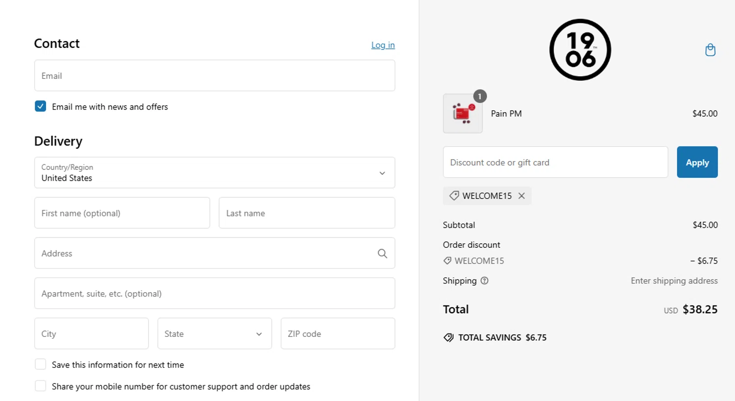 1906 discount code screenshot showing code WELCOME15 applied at 1906 checkout page. Uploaded by SimplyCodes community member adheld on Jan 19, 2025