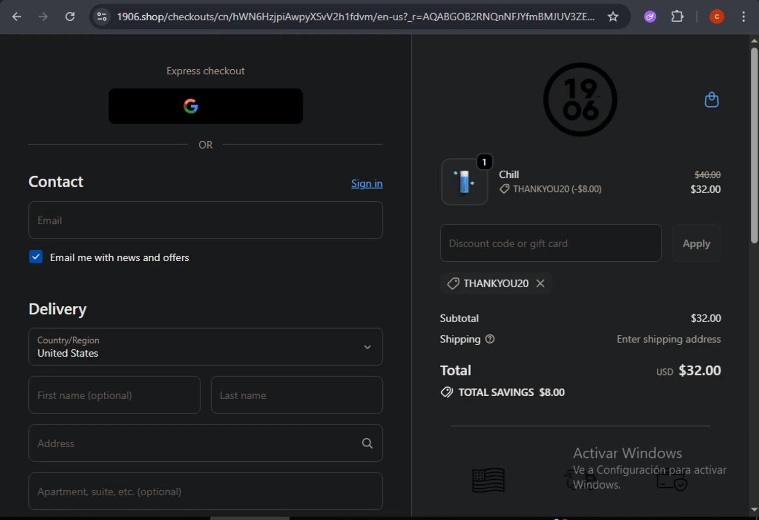 1906 New Highs promo code screenshot showing code THANKYOU20 applied at 1906 New Highs checkout page. Uploaded by SimplyCodes community member CashSage6731 on Dec 11, 2025