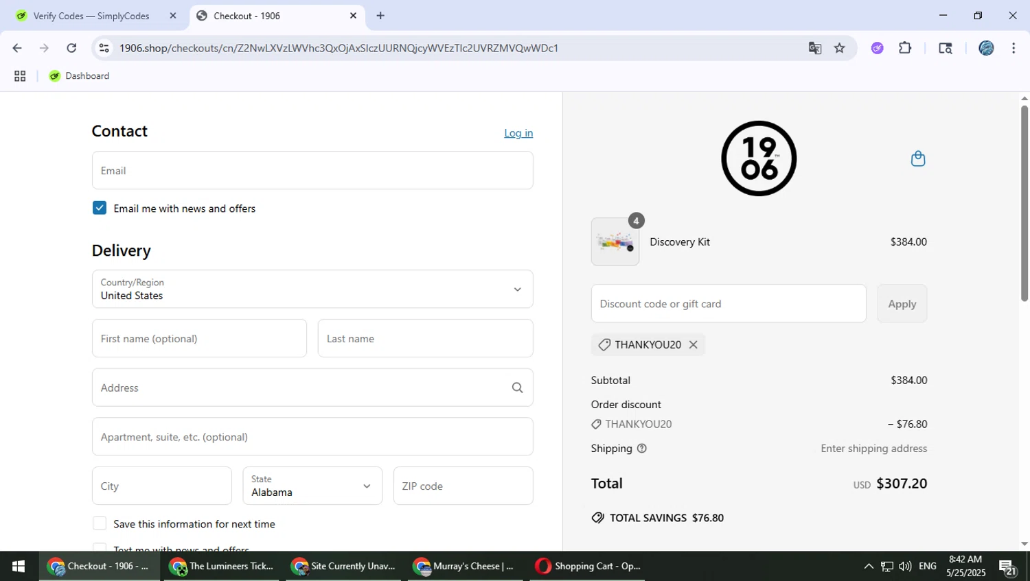1906 New Highs promo code screenshot showing code THANKYOU20 applied at 1906 New Highs checkout page. Uploaded by SimplyCodes community member PokeGOAT on May 25, 2025