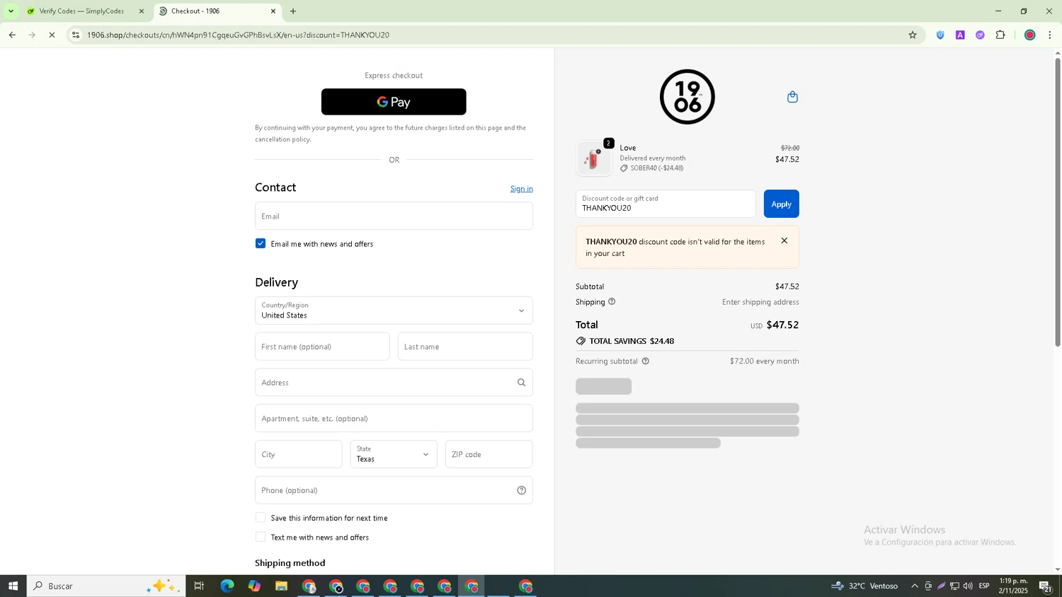 1906 New Highs promo code screenshot showing code THANKYOU20 applied at 1906 New Highs checkout page. Uploaded by SimplyCodes community member Richard_Miller on Nov 2, 2025