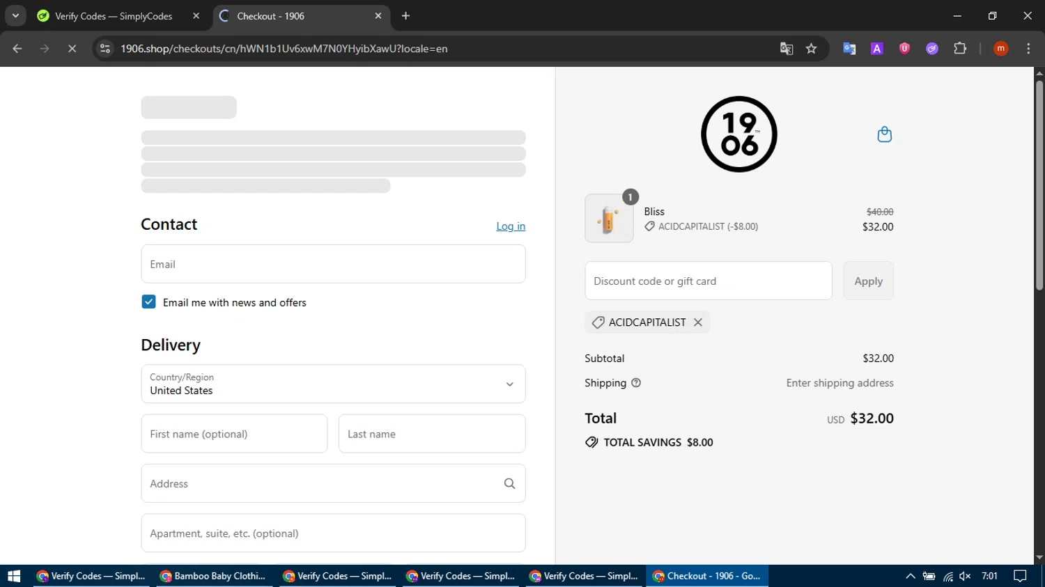 1906 New Highs promo code screenshot showing code ACIDCAPITALIST applied at 1906 New Highs checkout page. Uploaded by SimplyCodes community member SmartFalcon9323 on Aug 9, 2025