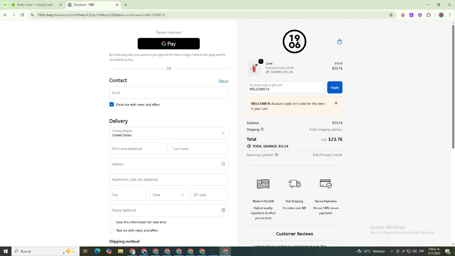 1906 New Highs promo code screenshot showing code WELCOME15 applied at 1906 New Highs checkout page. Uploaded by SimplyCodes community member David_Garcia on Nov 2, 2025