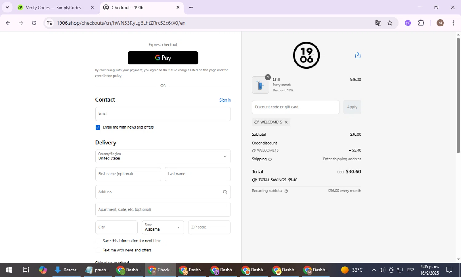 1906 New Highs promo code screenshot showing code WELCOME15 applied at 1906 New Highs checkout page. Uploaded by SimplyCodes community member VoucherExpert8533 on Sep 16, 2025
