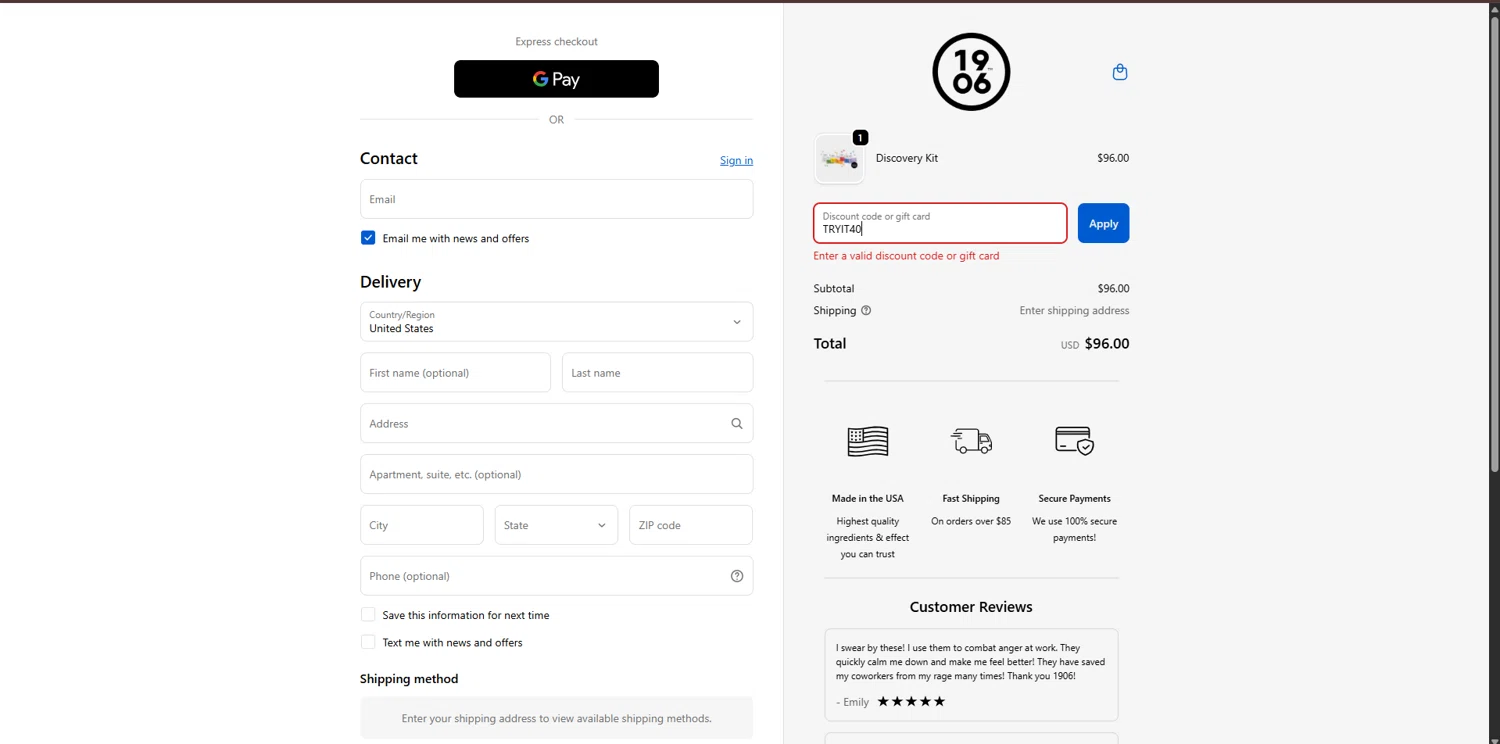 1906 New Highs promo code screenshot showing code TRYIT40 applied at 1906 New Highs checkout page. Uploaded by SimplyCodes community member CouponPro7532 on Oct 3, 2025