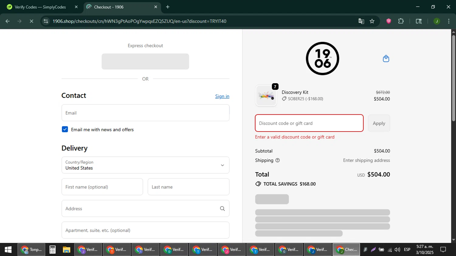 1906 New Highs promo code screenshot showing code TRYIT40 applied at 1906 New Highs checkout page. Uploaded by SimplyCodes community member ShieldFinder369 on Oct 3, 2025