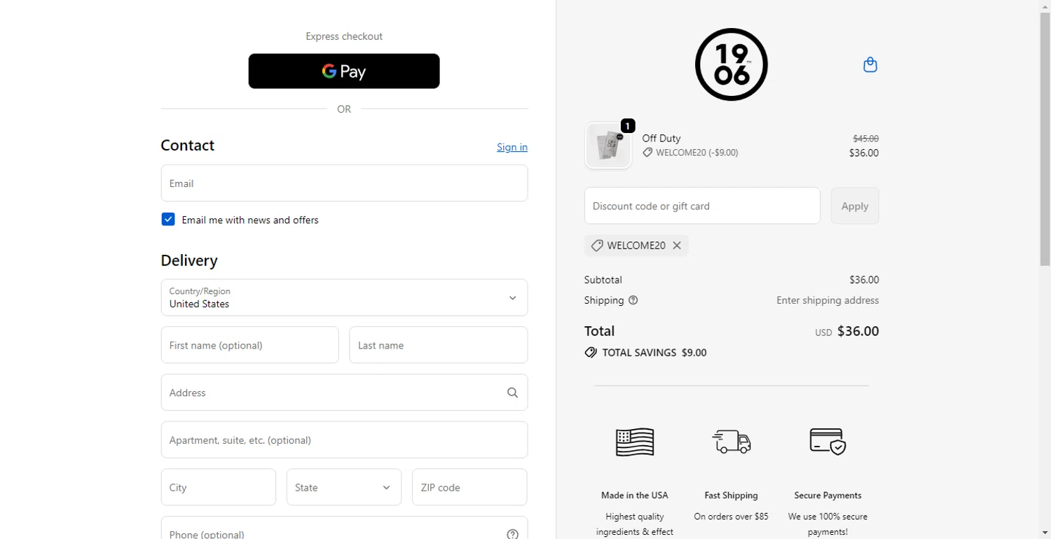 1906 New Highs promo code screenshot showing code WELCOME20 applied at 1906 New Highs checkout page. Uploaded by SimplyCodes community member BargainMonarch8220 on Oct 18, 2025