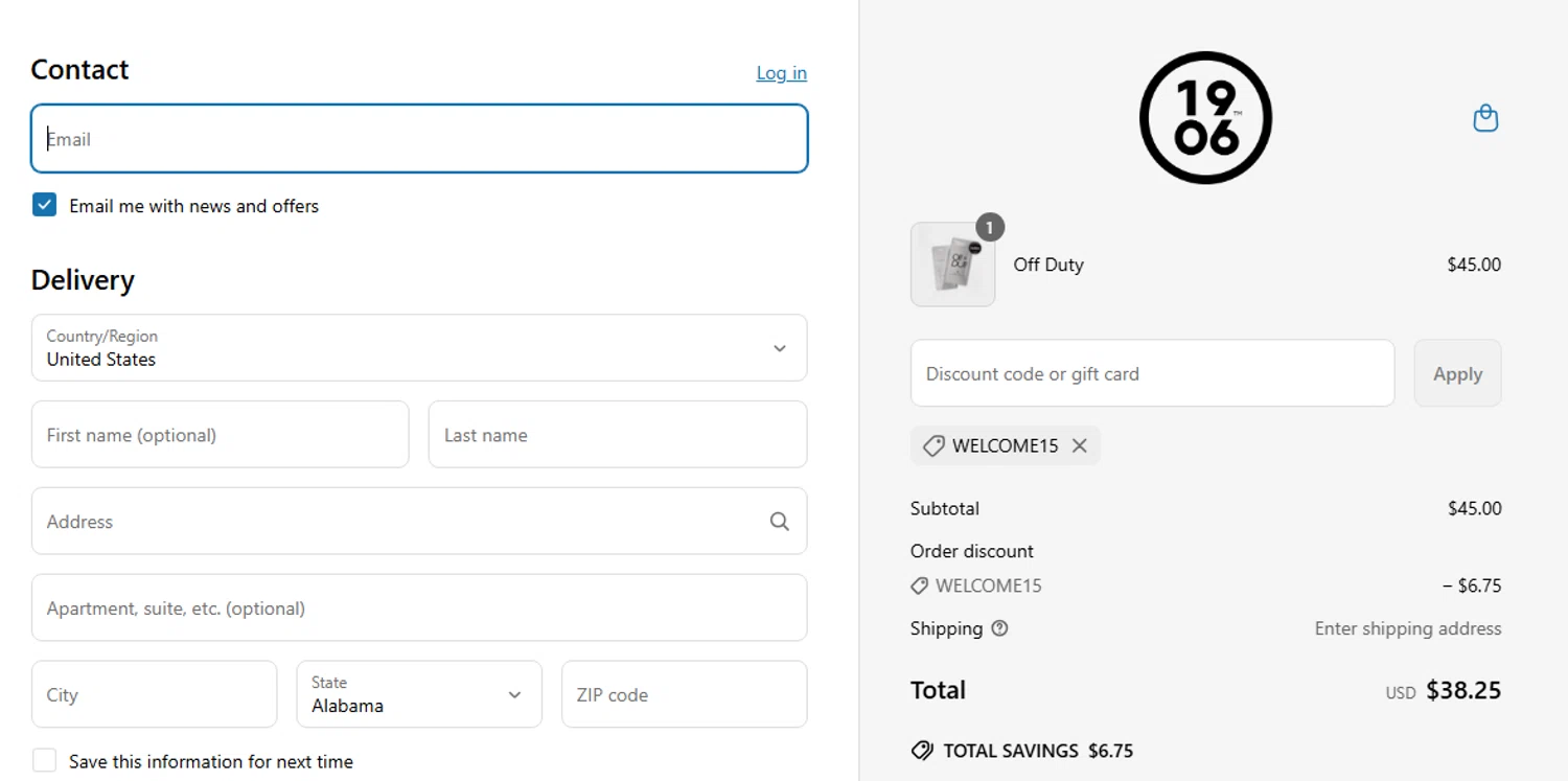1906 New Highs promo code screenshot showing code WELCOME15 applied at 1906 New Highs checkout page. Uploaded by SimplyCodes community member Jhonny on Jun 6, 2025