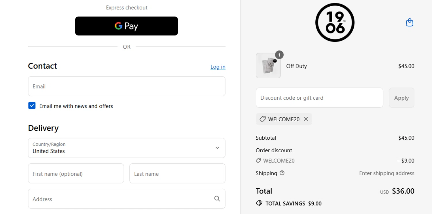 1906 New Highs promo code screenshot showing code WELCOME20 applied at 1906 New Highs checkout page. Uploaded by SimplyCodes community member jesspea on Sep 5, 2025