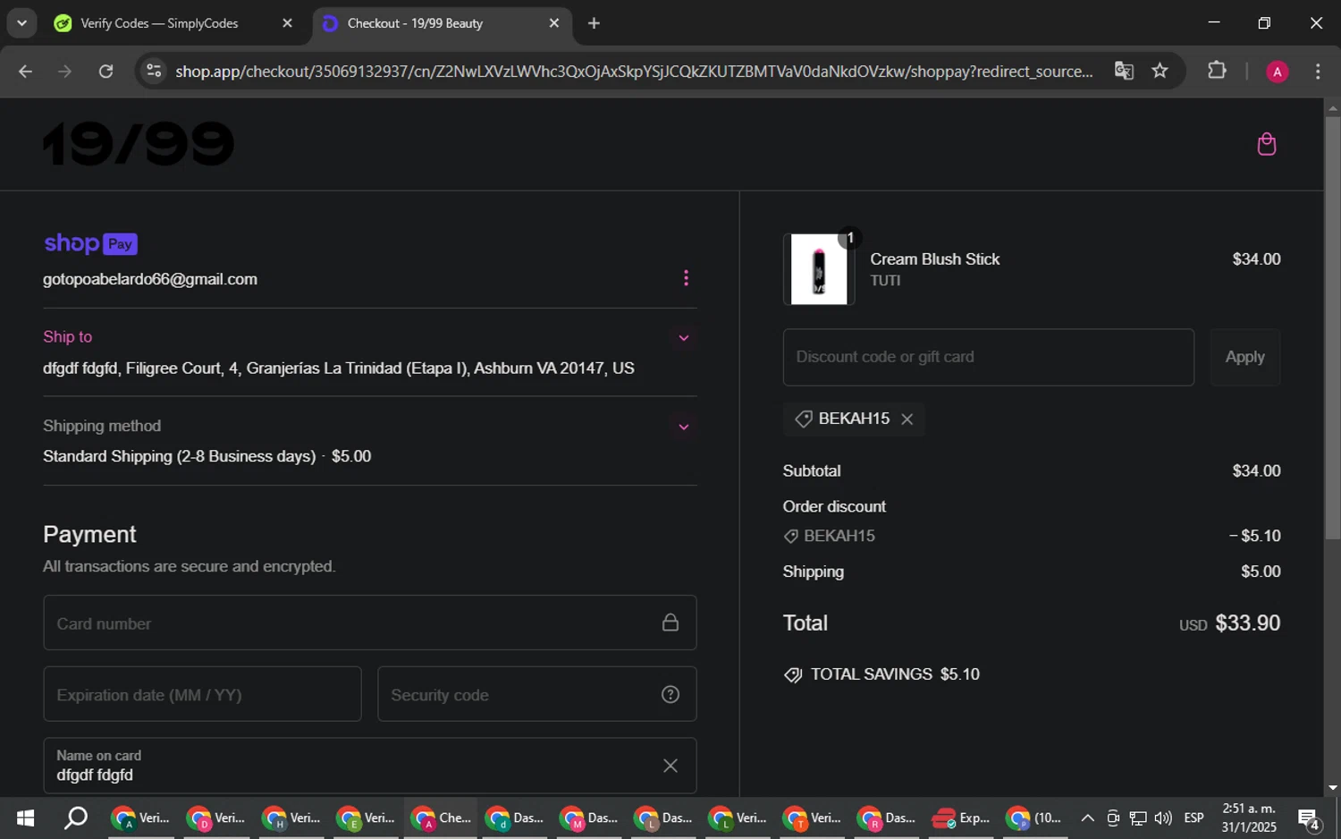 19/99 Beauty promo code screenshot showing code BEKAH15 applied at 19/99 Beauty checkout page. Uploaded by SimplyCodes community member BMWGS1200 on Jan 31, 2025