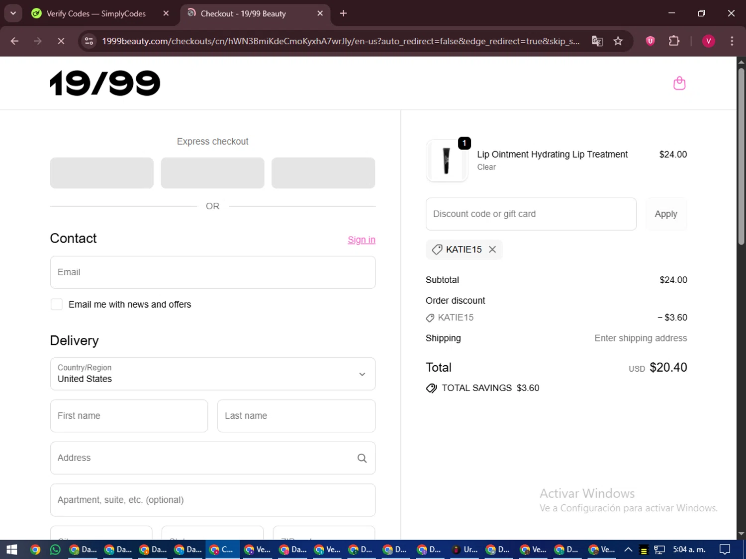19/99 Beauty promo code screenshot showing code KATIE15 applied at 19/99 Beauty checkout page. Uploaded by SimplyCodes community member ShieldEagle6102 on Sep 20, 2025
