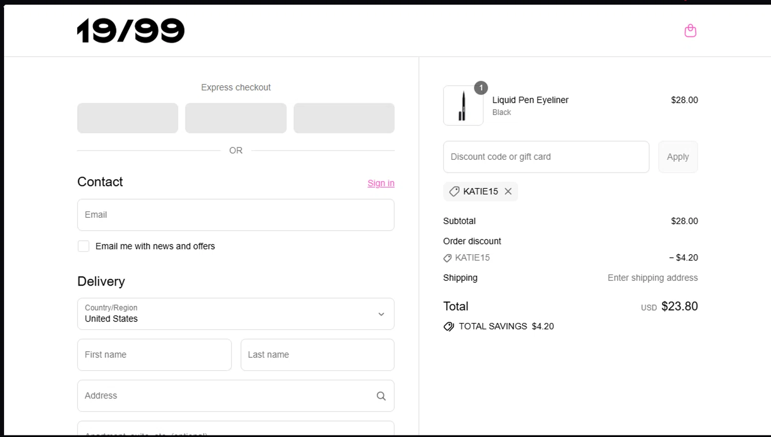 19/99 Beauty promo code screenshot showing code KATIE15 applied at 19/99 Beauty checkout page. Uploaded by SimplyCodes community member Underaiki on Sep 11, 2025