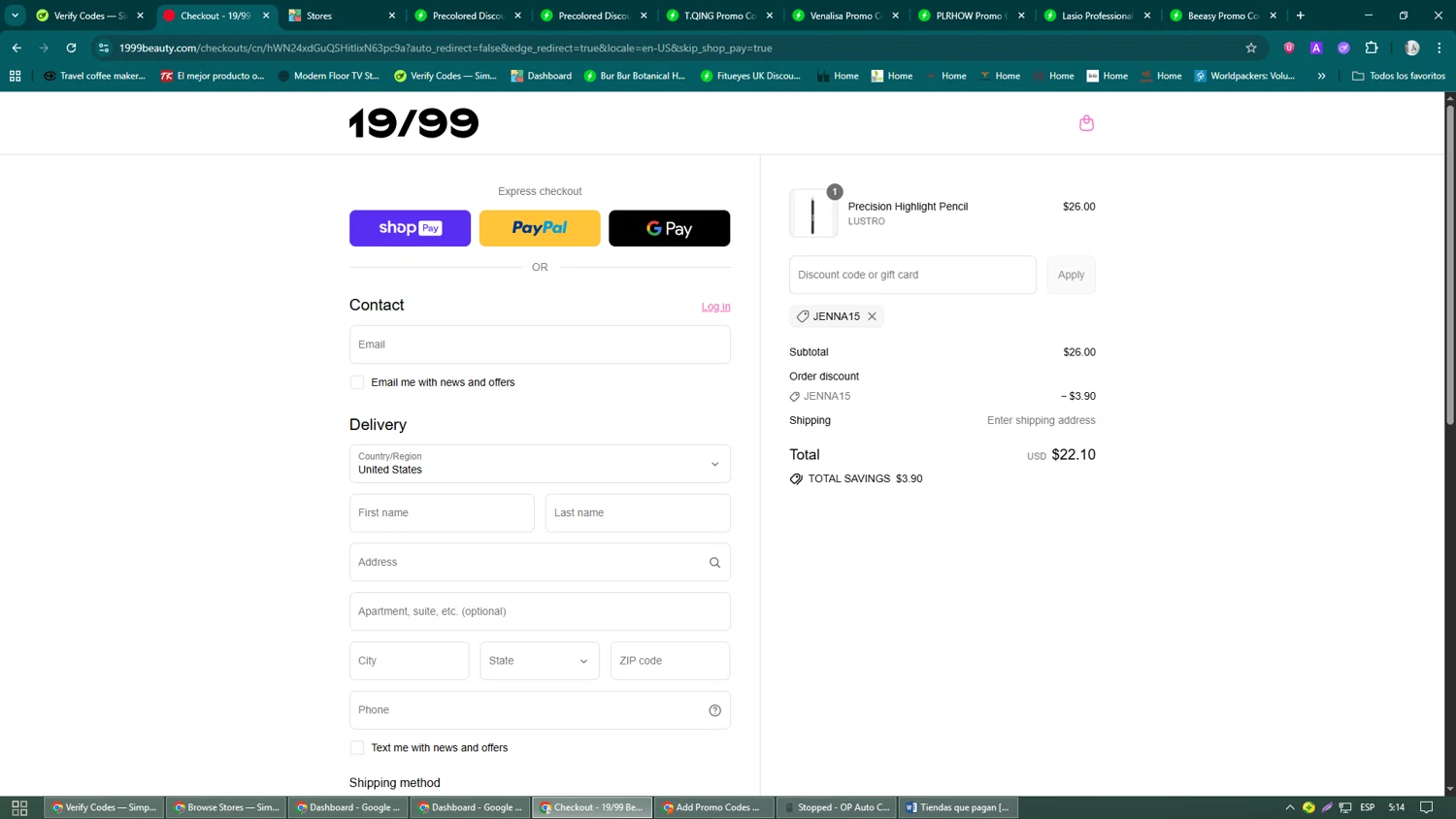 19/99 Beauty promo code screenshot showing code jenna15 applied at 19/99 Beauty checkout page. Uploaded by SimplyCodes community member John_Johnson on Aug 22, 2025