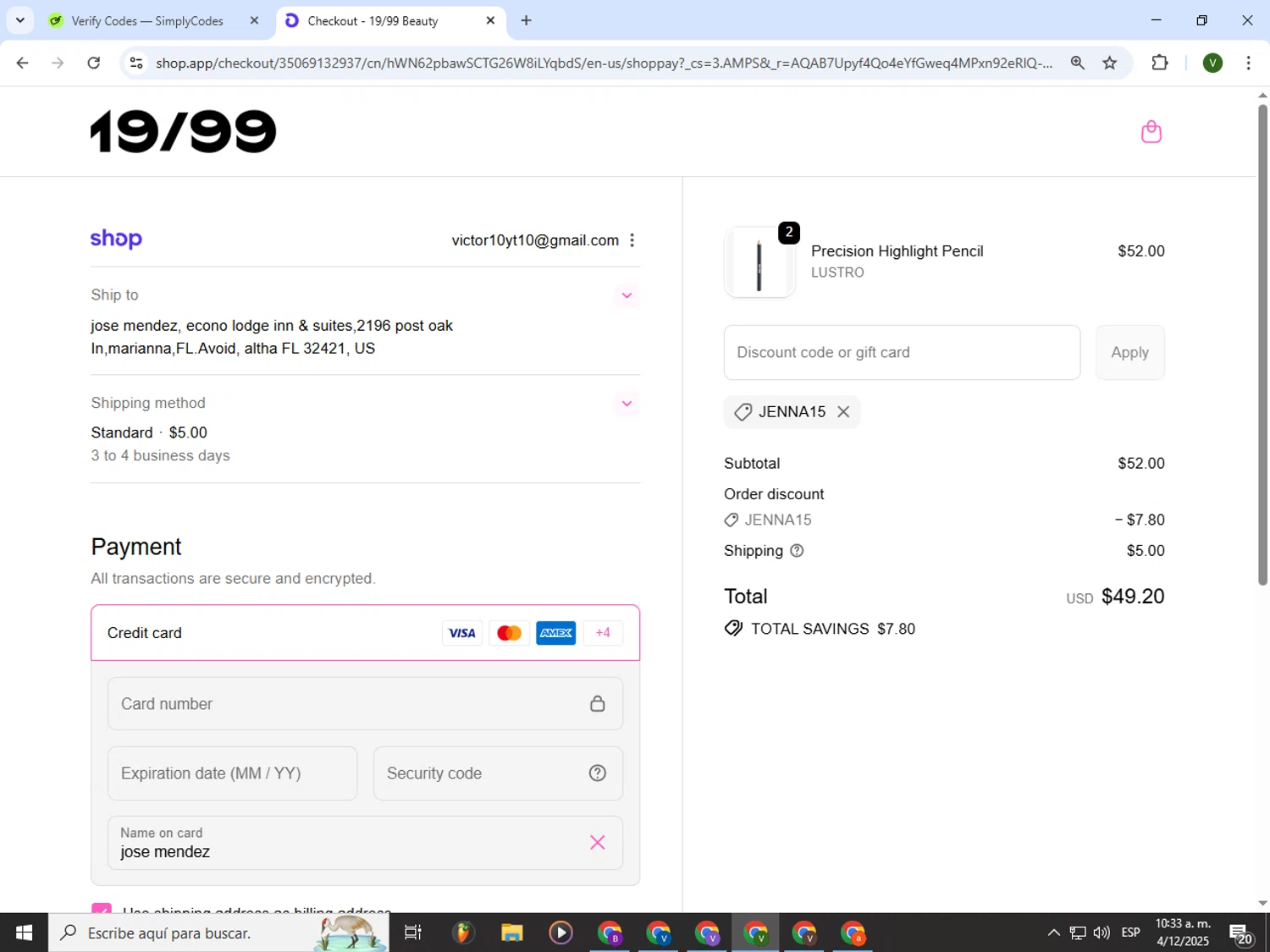 19/99 Beauty promo code screenshot showing code jenna15 applied at 19/99 Beauty checkout page. Uploaded by SimplyCodes community member PrimeWizard4168 on Dec 4, 2025