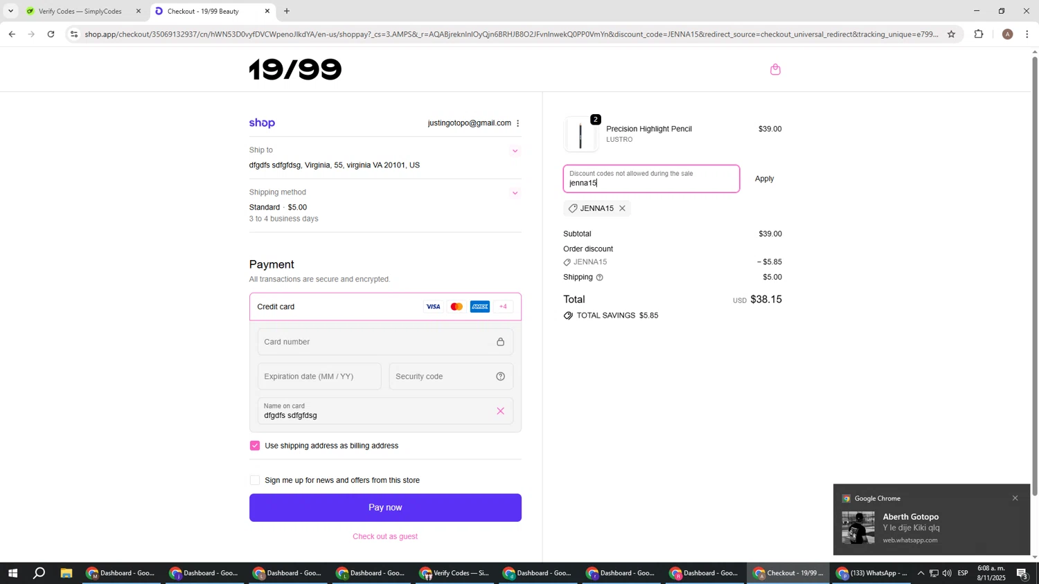 19/99 Beauty promo code screenshot showing code jenna15 applied at 19/99 Beauty checkout page. Uploaded by SimplyCodes community member SwiftSage2309 on Nov 8, 2025