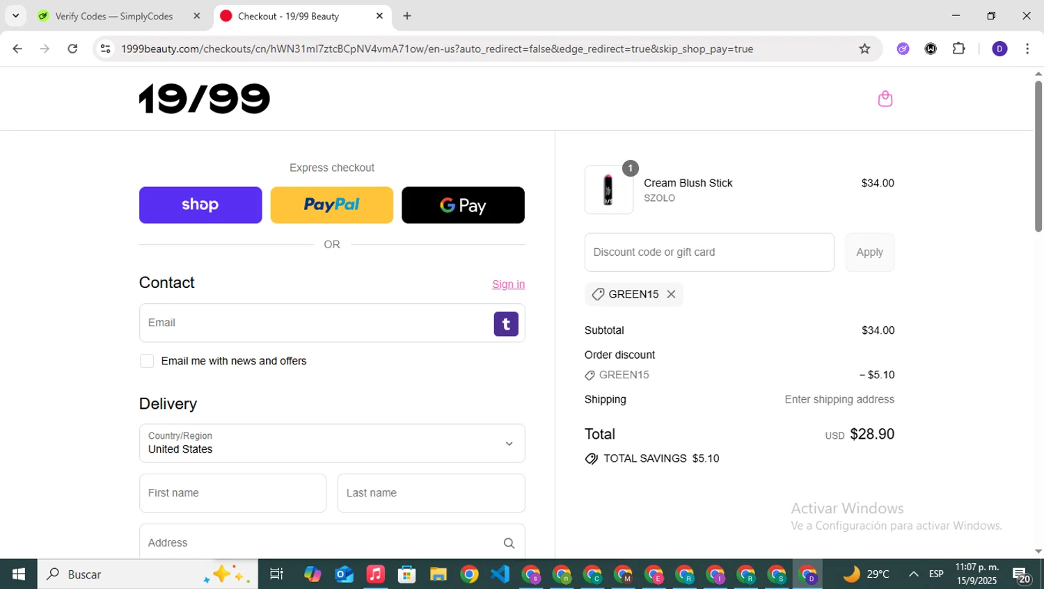 19/99 Beauty promo code screenshot showing code Green15 applied at 19/99 Beauty checkout page. Uploaded by SimplyCodes community member PrimeNavigator3251 on Sep 16, 2025