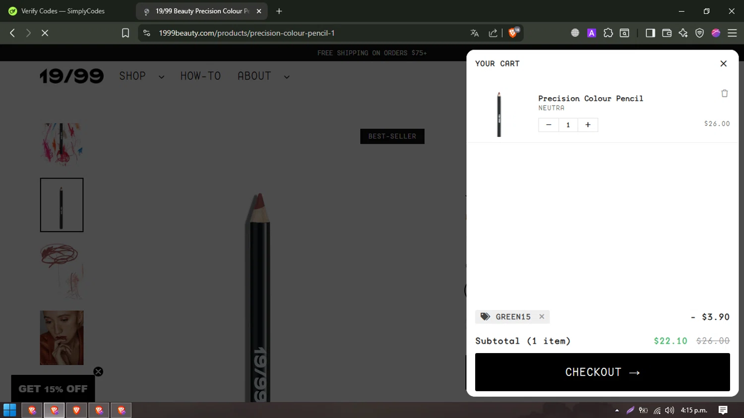 19/99 Beauty promo code screenshot showing code Green15 applied at 19/99 Beauty checkout page. Uploaded by SimplyCodes community member hectorpetit1 on Sep 7, 2025
