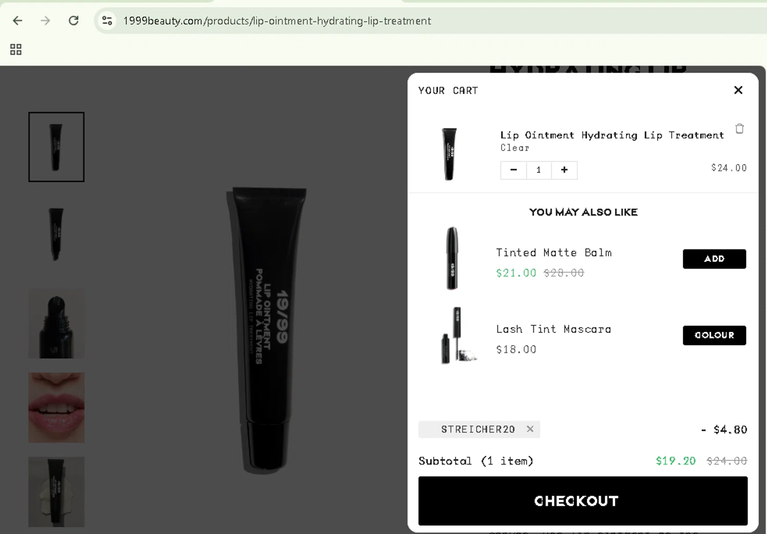 19/99 Beauty promo code screenshot showing code Streicher20 applied at 19/99 Beauty checkout page. Uploaded by SimplyCodes community member NobleSentinel8535 on Aug 16, 2025