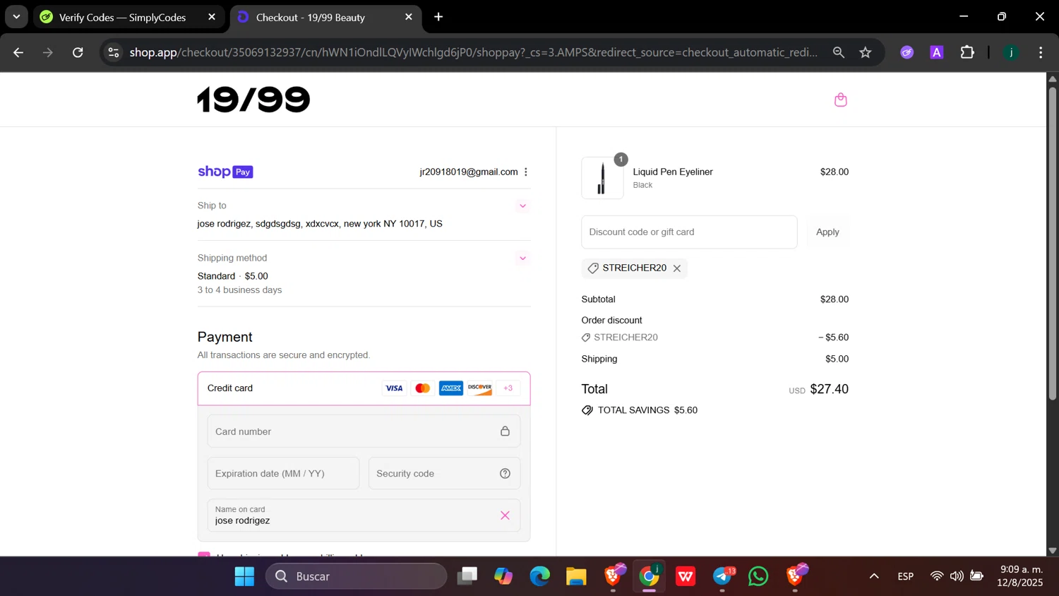 19/99 Beauty promo code screenshot showing code Streicher20 applied at 19/99 Beauty checkout page. Uploaded by SimplyCodes community member hanzell03 on Aug 12, 2025