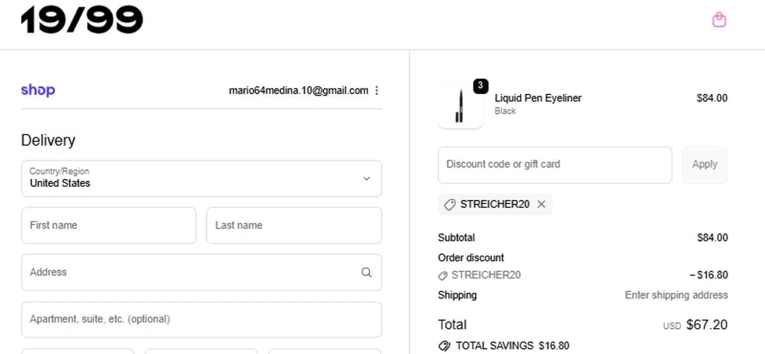 19/99 Beauty promo code screenshot showing code Streicher20 applied at 19/99 Beauty checkout page. Uploaded by SimplyCodes community member paquitin29 on Oct 10, 2025