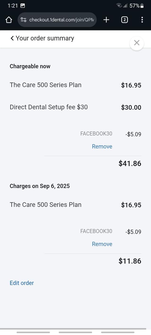 1Dental checkout page showing 1Dental promo code box | Screenshot taken by SimplyCodes community member on Aug 6, 2025
