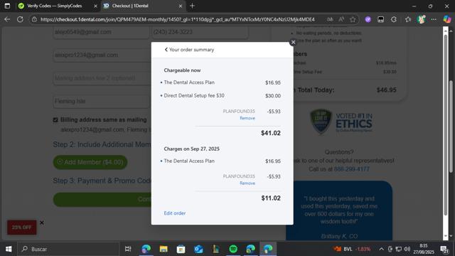 1Dental checkout page showing 1Dental promo code box | Screenshot taken by SimplyCodes community member on Aug 27, 2025