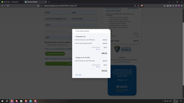 1Dental checkout page showing 1Dental promo code box | Screenshot taken by SimplyCodes community member on Jun 14, 2025