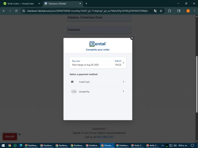 1Dental checkout page showing 1Dental promo code box | Screenshot taken by SimplyCodes community member on Jul 29, 2025