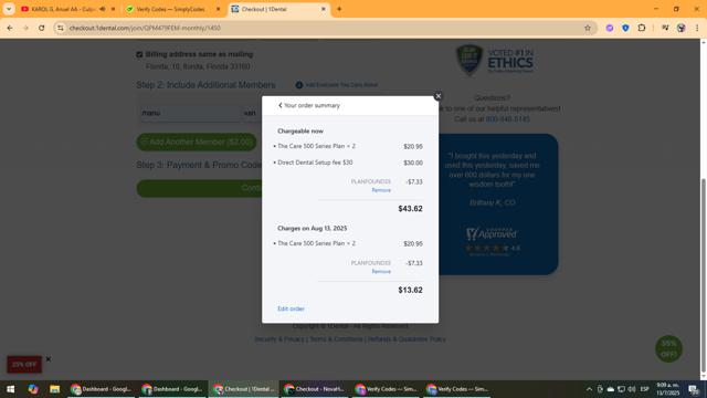 1Dental checkout page showing 1Dental promo code box | Screenshot taken by SimplyCodes community member on Jul 13, 2025