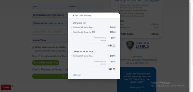1Dental checkout page showing 1Dental promo code box | Screenshot taken by SimplyCodes community member on May 16, 2025