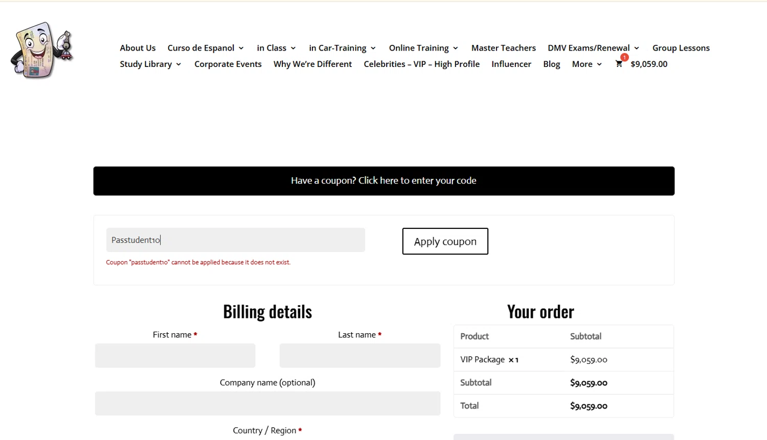 1 Driving School promo code screenshot showing code Passtudent10 applied at 1 Driving School checkout page. Uploaded by SimplyCodes community member Marboroooooooooooo on Aug 18, 2025