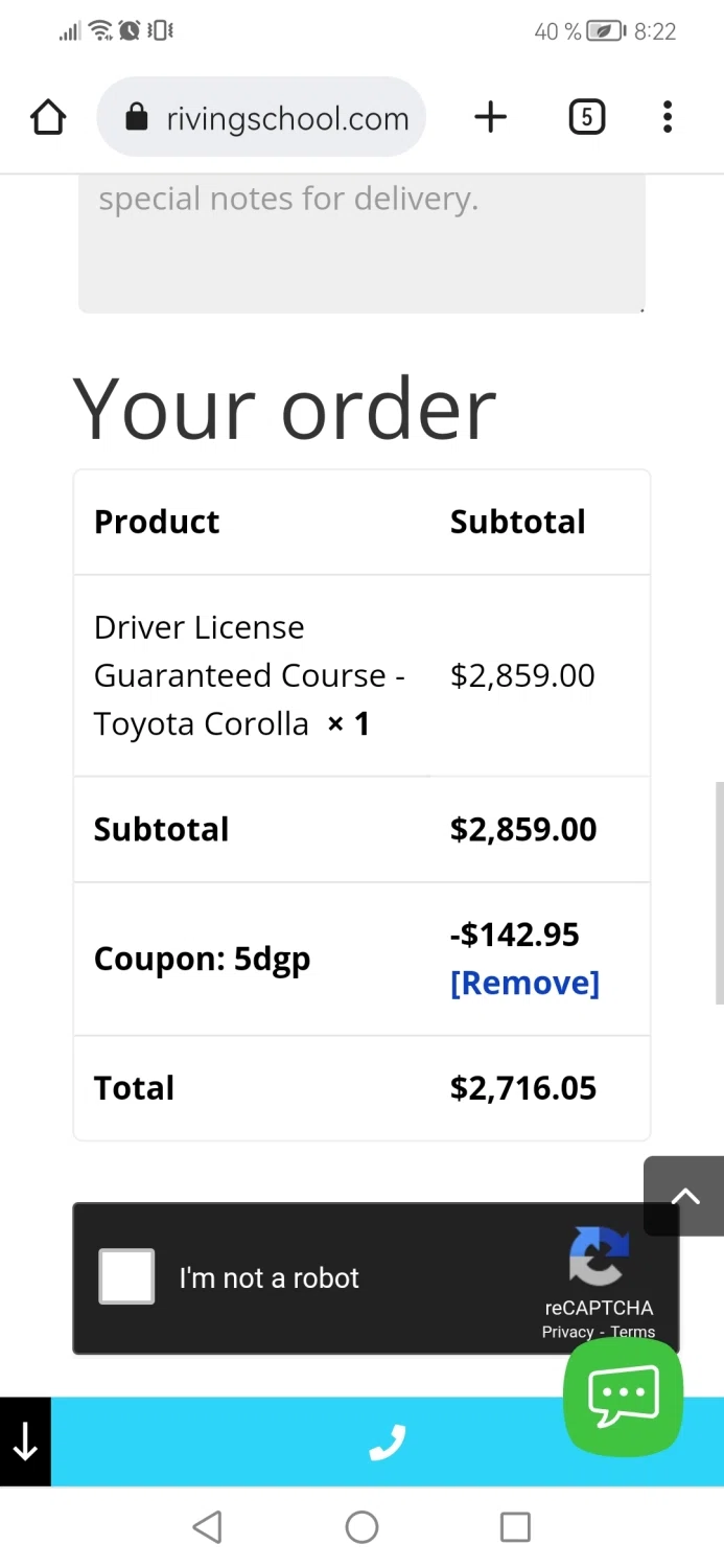 1 Driving School checkout page showing 1 Driving School promo code box | Screenshot taken by SimplyCodes community member on May 5, 2023