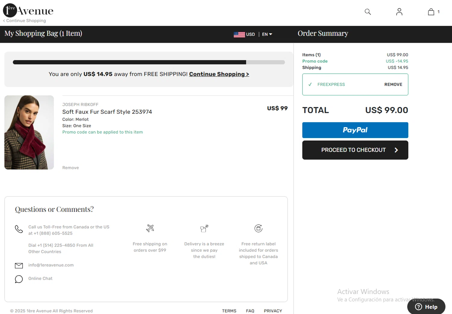 1ere Avenue discount code screenshot showing code FREEXPRESS applied at 1ere Avenue checkout page. Uploaded by SimplyCodes community member RewardMaven959 on Jun 14, 2025