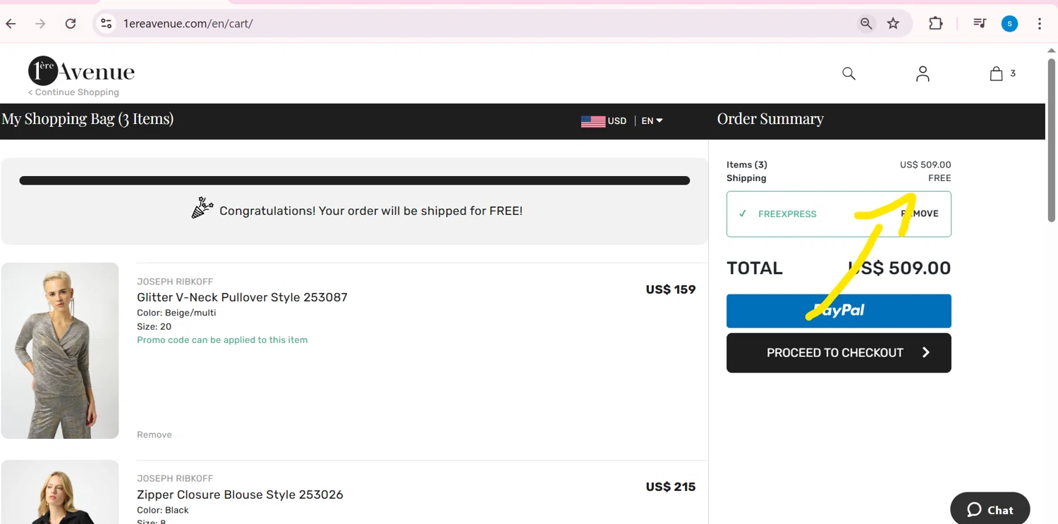 1ere Avenue discount code screenshot showing code FREEXPRESS applied at 1ere Avenue checkout page. Uploaded by SimplyCodes community member ShieldGuardian6801 on May 30, 2025