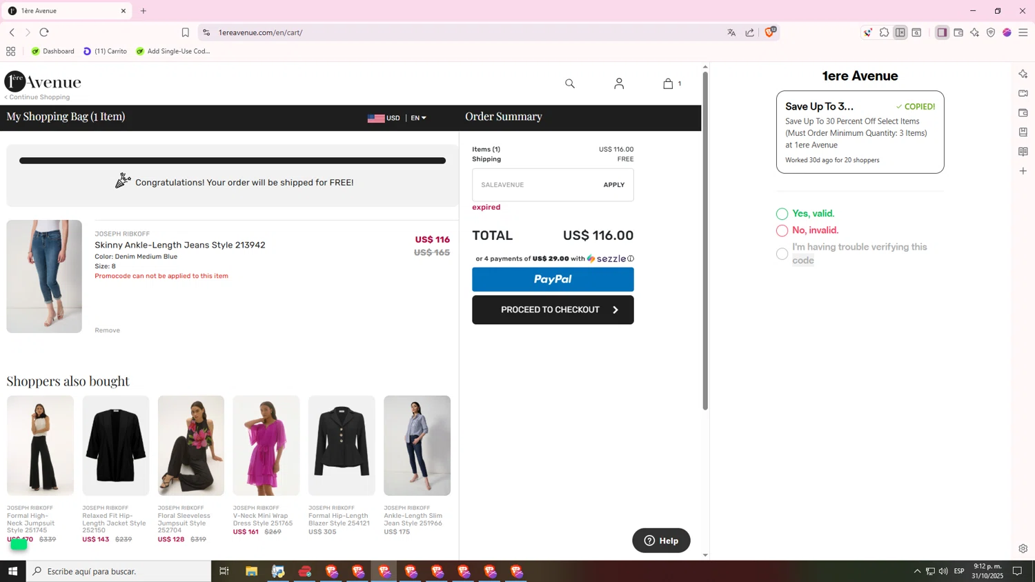 1ere Avenue discount code screenshot showing code SALEAVENUE applied at 1ere Avenue checkout page. Uploaded by SimplyCodes community member 000000 on Nov 1, 2025
