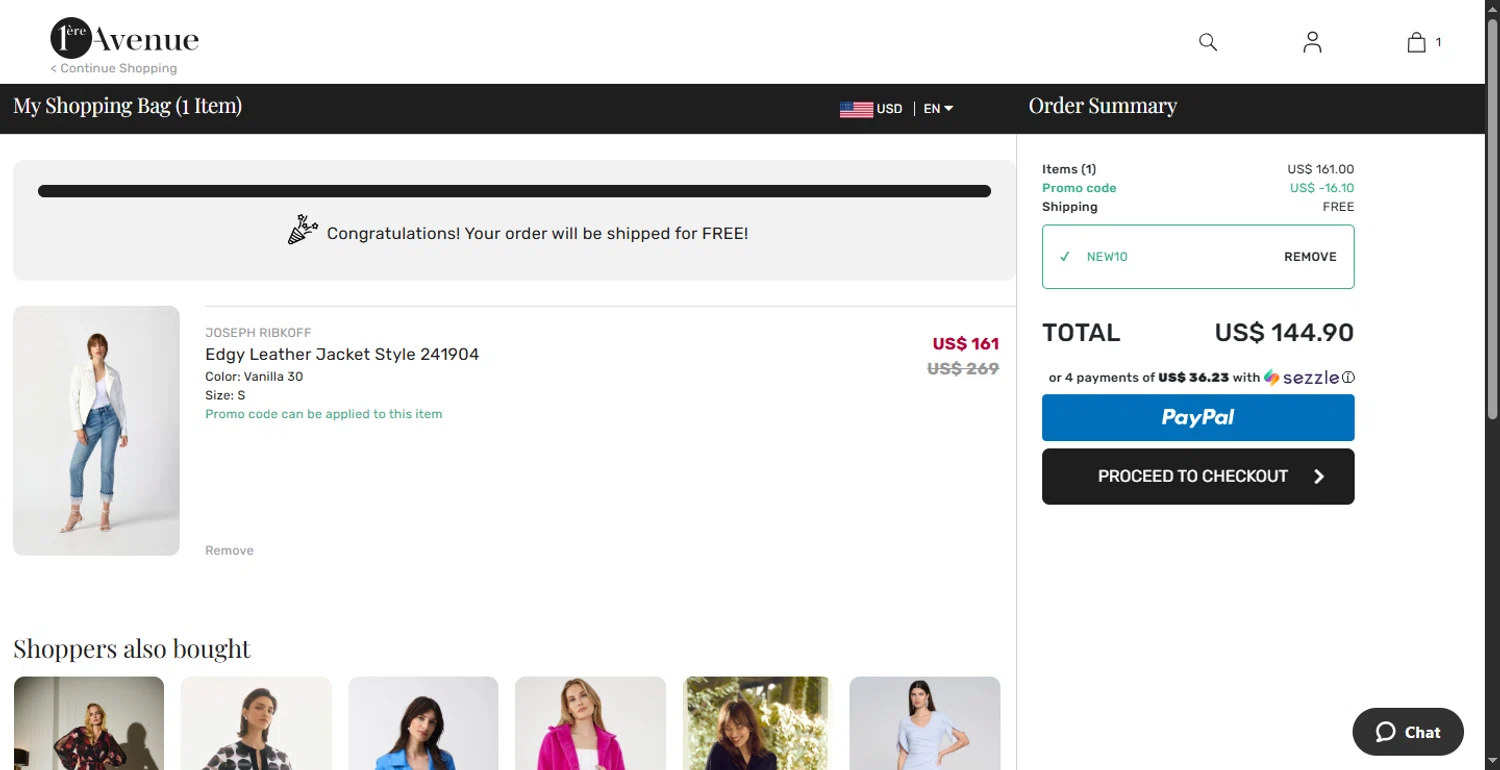 1ere Avenue discount code screenshot showing code NEW10 applied at 1ere Avenue checkout page. Uploaded by SimplyCodes community member ShieldLion4225 on Jun 14, 2025