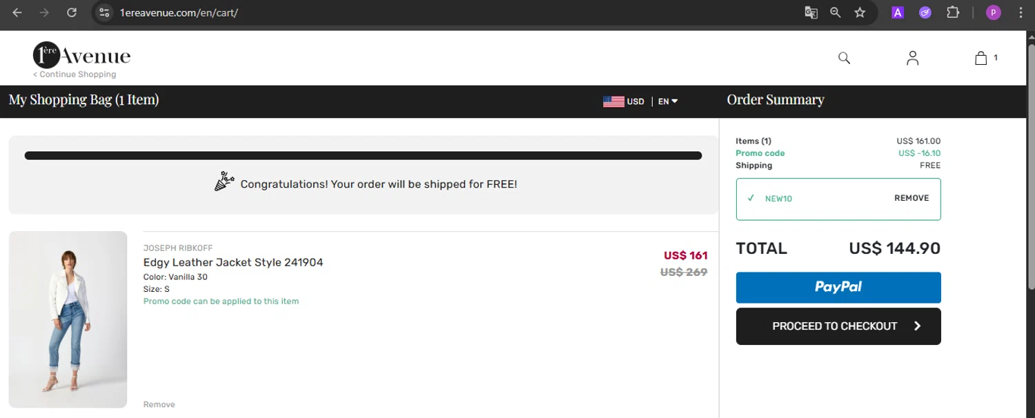 1ere Avenue discount code screenshot showing code NEW10 applied at 1ere Avenue checkout page. Uploaded by SimplyCodes community member firoas on Jun 14, 2025