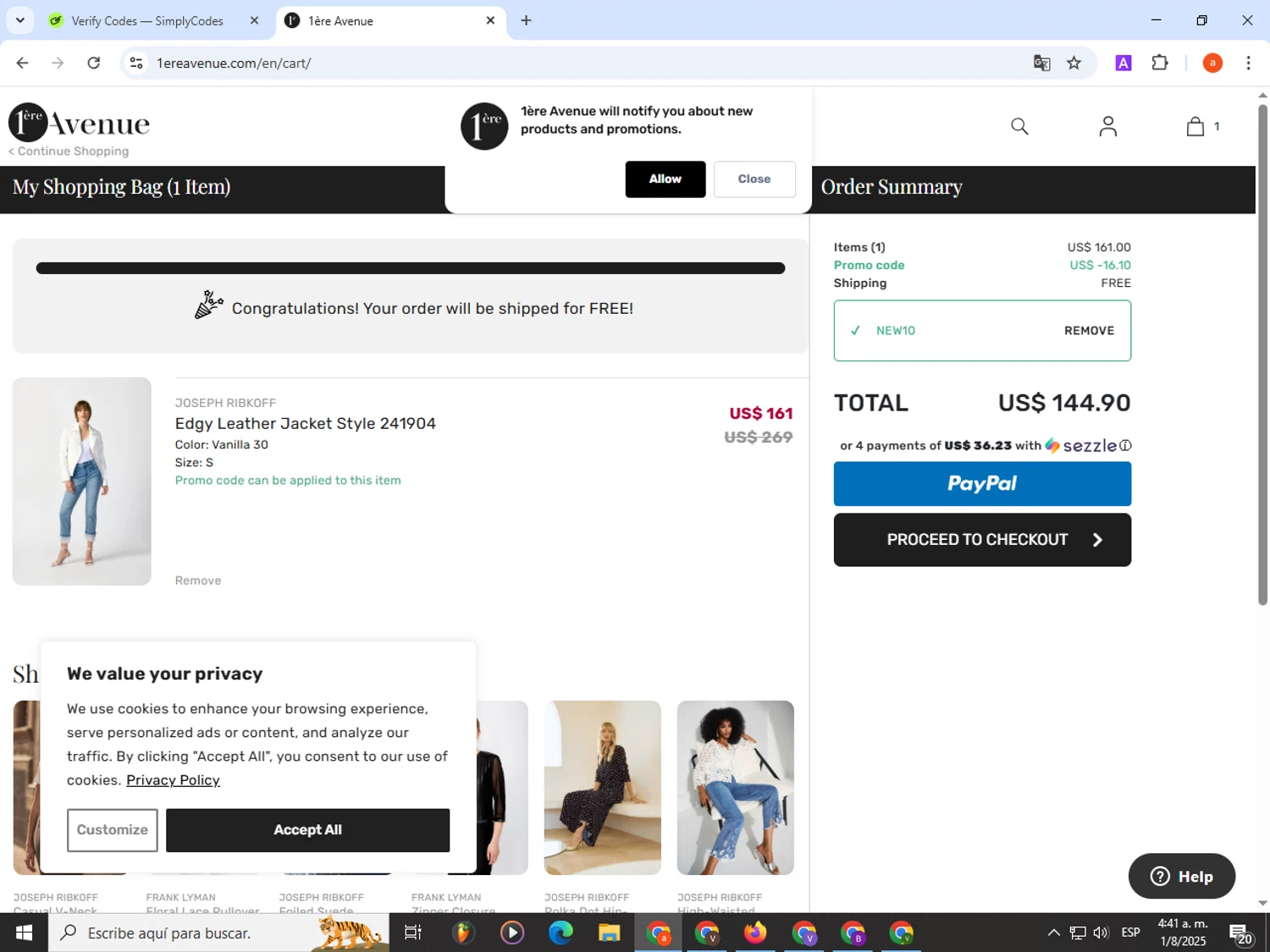 1ere Avenue discount code screenshot showing code NEW10 applied at 1ere Avenue checkout page. Uploaded by SimplyCodes community member partenalgas on Aug 1, 2025