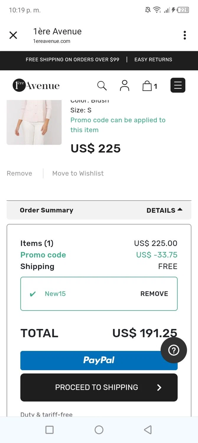 1ere Avenue discount code screenshot showing code New15 applied at 1ere Avenue checkout page. Uploaded by SimplyCodes community member BonusVoyager4214 on Feb 11, 2026