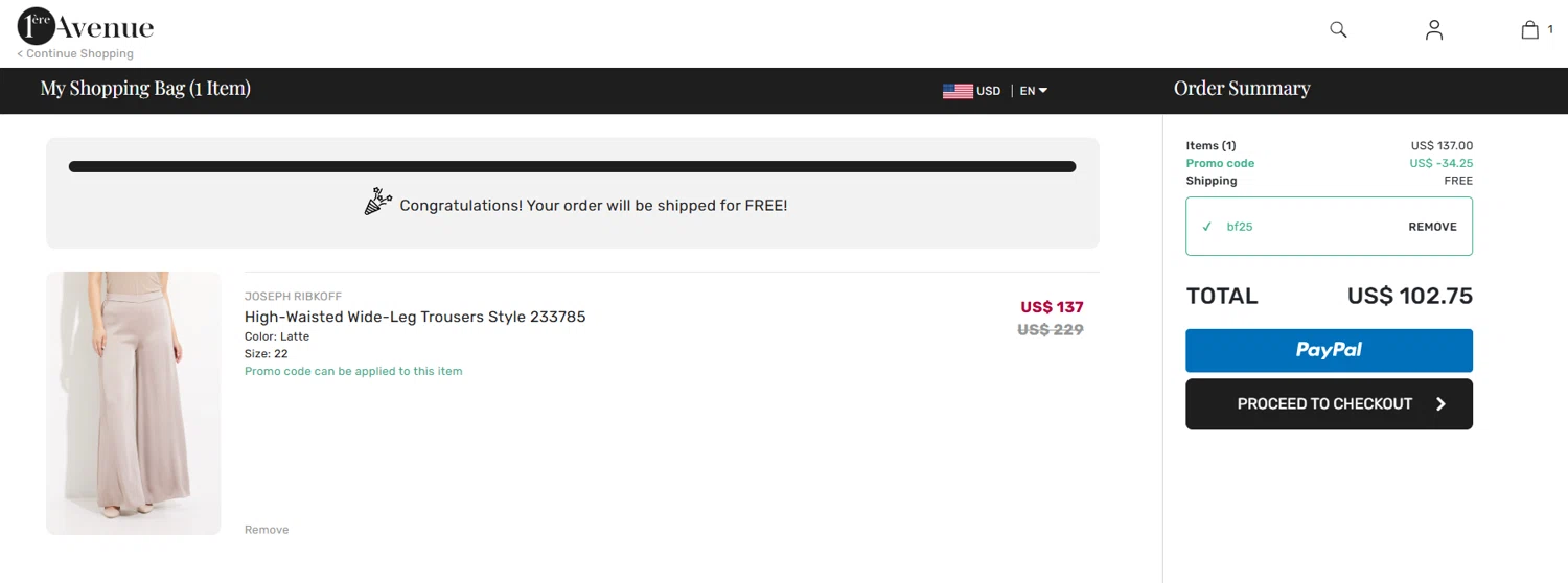 1ere Avenue discount code screenshot showing code BF25 applied at 1ere Avenue checkout page. Uploaded by SimplyCodes community member jesspea on Nov 10, 2025