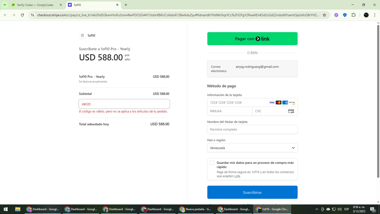 1of10 promo code screenshot showing code AW20 applied at 1of10 checkout page. Uploaded by SimplyCodes community member CarmenVGR on Dec 3, 2025